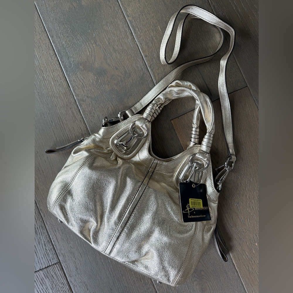 NWT Vintage B Makowsky Gold Metallic Shoulder Bag w/ Long detachable Strap